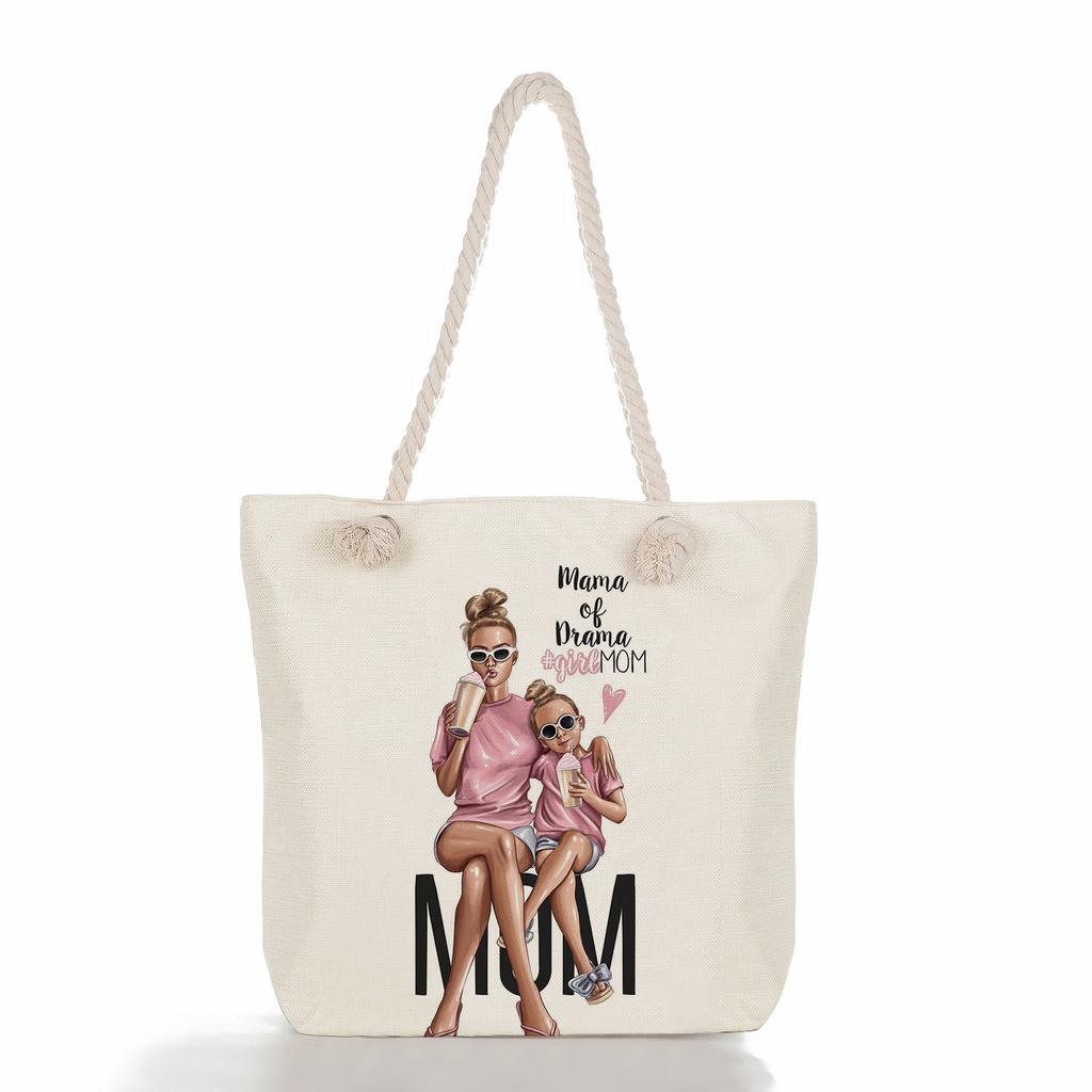 Multifunctional Mom Series Printed Thick Rope Shoulder Beach Bag Casual Large Capacity Handbag 7617