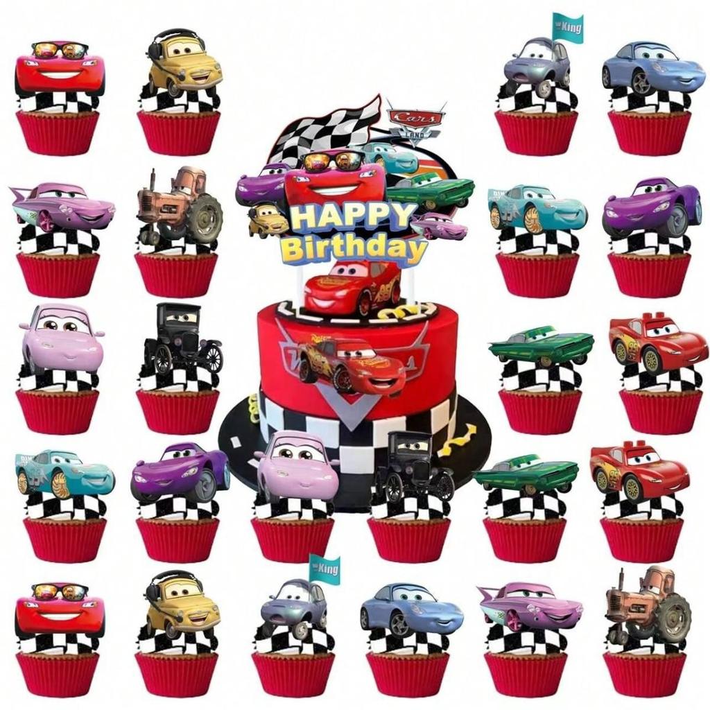 Car-Themed Birthday Party Set: Banner, Cake Topper, Tablecloth, Balloons.