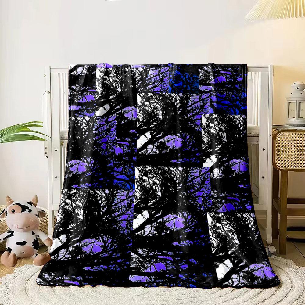 Interwoven black tree silhouettes over purple, blue, and white backgrounds. for all seasons blanket lunch break throw gift 80cm x 120cm