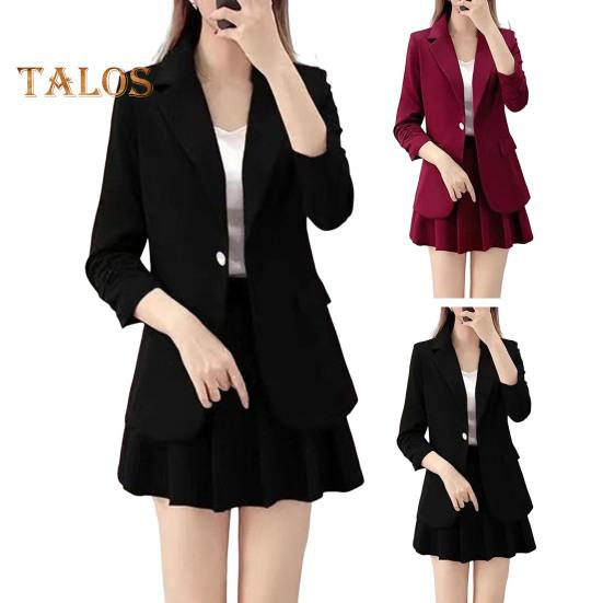 2Pcs/Set Coat Skirt Set Women Spring Autumn Lapel Long Sleeve Single Button Suit Coat Pleated Mini Skirt Set Solid Color Set