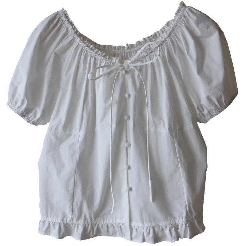 2025 Summer Korean Sweet Lace Trim Babydoll Top - Women's Short Sleeve Shirt