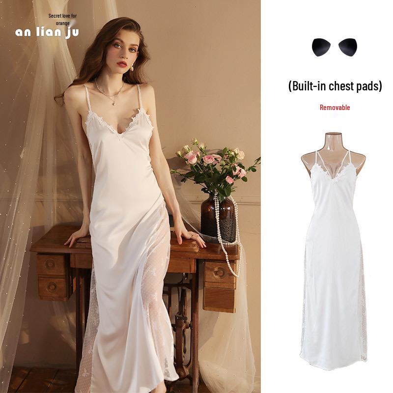 French-Style Backless Nightgown with Built-In Bra, Deep V-Neck, Spaghetti Straps, High Slit, and Mesh - Pure, Alluring, Sexy.