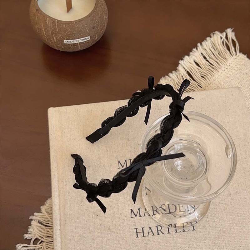 Korean Black Ribbon Bow Bezel Headbands for Women Girls Sweet Thin Edge Lace Mesh Hair Bands Hairband Hair Accessories