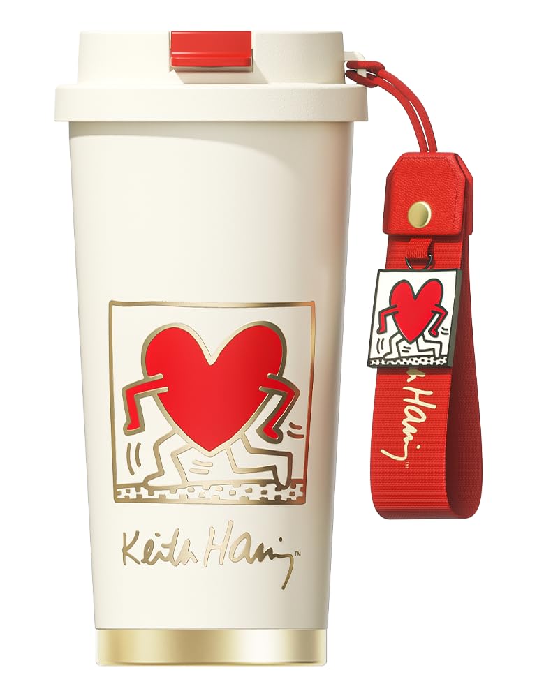 GERM X Keith Haring Coffee Tumbler 500ml Vacuum Insulated Mug 316 Stainless Steel with Lid and Keeps Drinks Hot or Dishwasher Makes a Stylish Gift