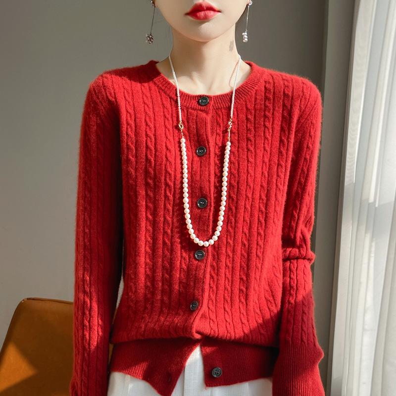 Women's Loose Twist Stitch Wool Cardigan Sweater - Red Round Neck, New Year 2024 Edition.