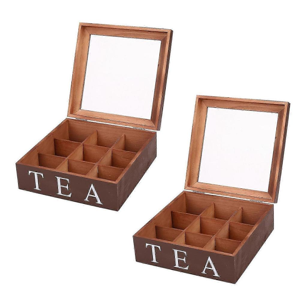 2X Wooden 9 Grids Tea Box Tea Bags Container Storage Box Square Gift Box Case Transparent Top Lid J