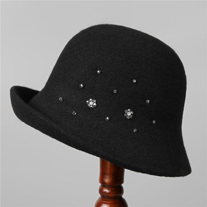 Autumn and Winter New Style Hat Handmade Rhinestone Decoration Wool Warm Fisherman Hat Elegant Curled Brim Bucket Hat for Women