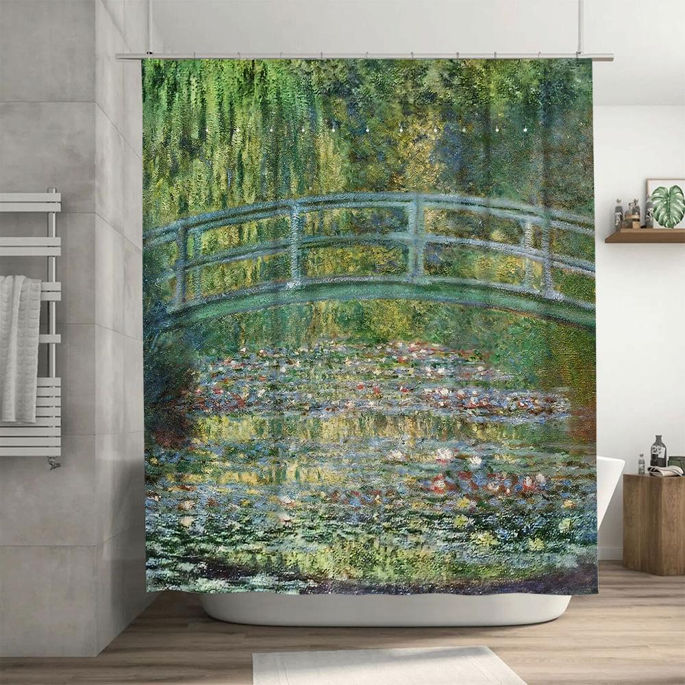 Beautiful Greenery Shower Curtain Rustic Bridge Design for Bathroom Decorations Waterproof Fabric with Hook Rings Perfect Gift I