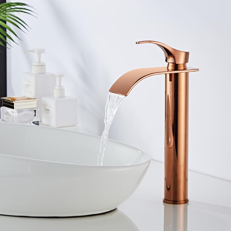 Rose Gold Basin Faucet Waterfall Faucet Brass Bathroom Faucet Bathroom Basin Faucet Mixer Tap Hot and Cold Brass Sink faucet