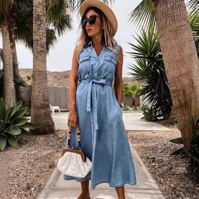 Robe Maxi en Denim Sans Manches pour Femme Robe Midi Longue Boutonnée avec Ceinture à la Taille et Poches, Robe Décontractée d'Été pour la Plage, les Voyages