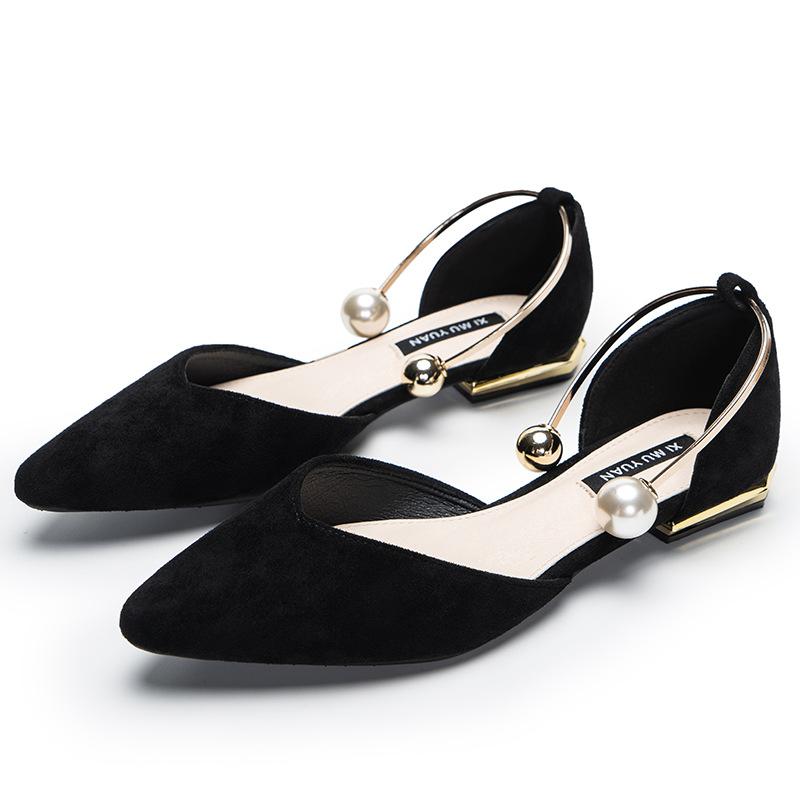 Pearl Ring Solid Pointed Toe Flock Ballet Flats Woman Loafers Shallow Slip On Shoes Women Party Metal Low Heels Ballerina Femme
