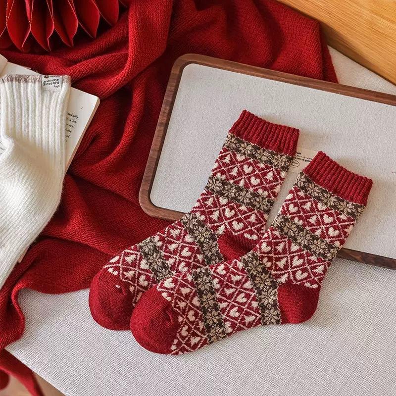 New Year'S Red Sox Women'S Middle Horse Year Wool Pile Socks Vintage Diamond Plaid Women'S Socks Trendy Socks