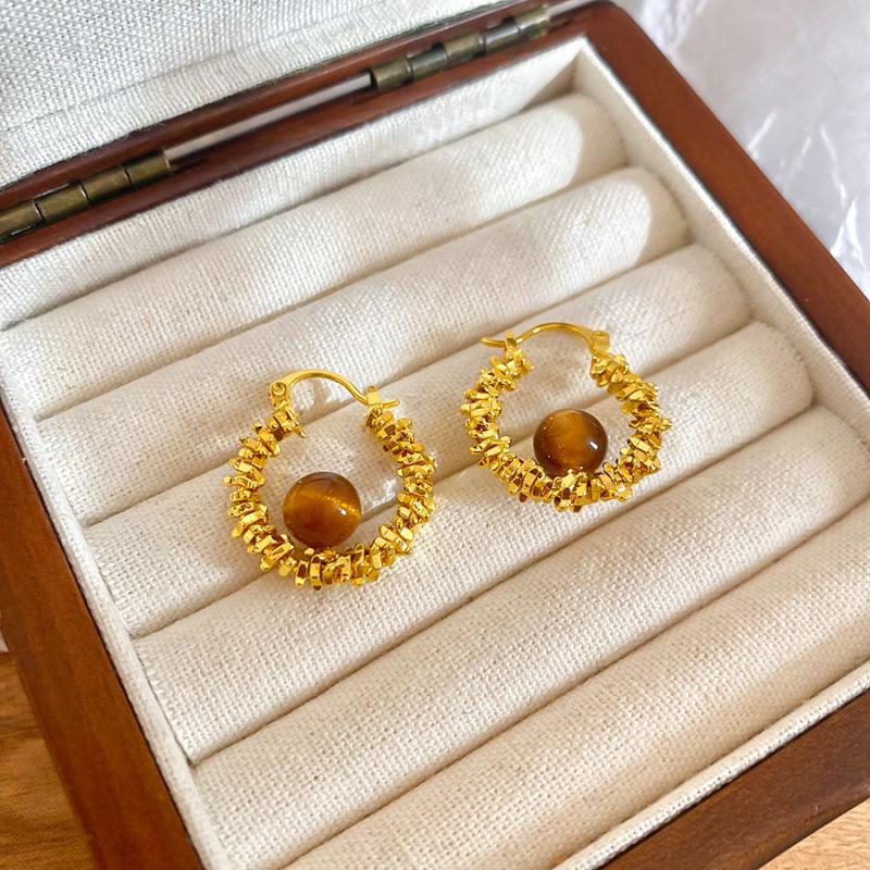 Silver Needle Geometric Tiger Eye Flower Earrings - Retro Style, Light Luxury, High-End Fashion Ear Studs