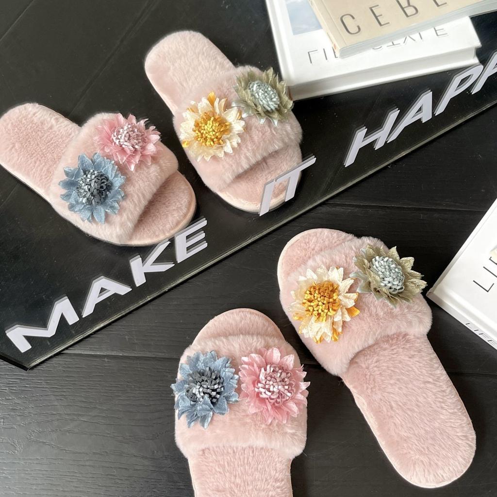 Mao Mao slippers women's home indoor small fragrance flower flat bottom non-slip plush one-word cotton slippers 2025