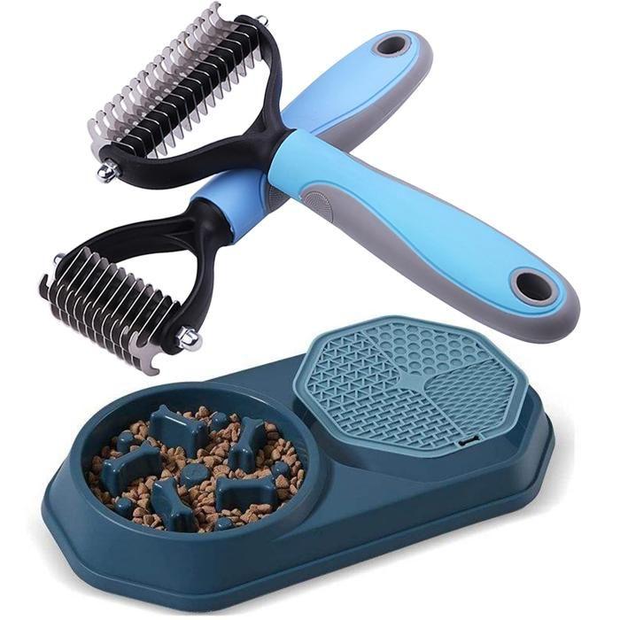 Pet Grooming Set - 2in1 Detangling Brush - Slow Feeder Bowl - Dog Cat - Long Hair