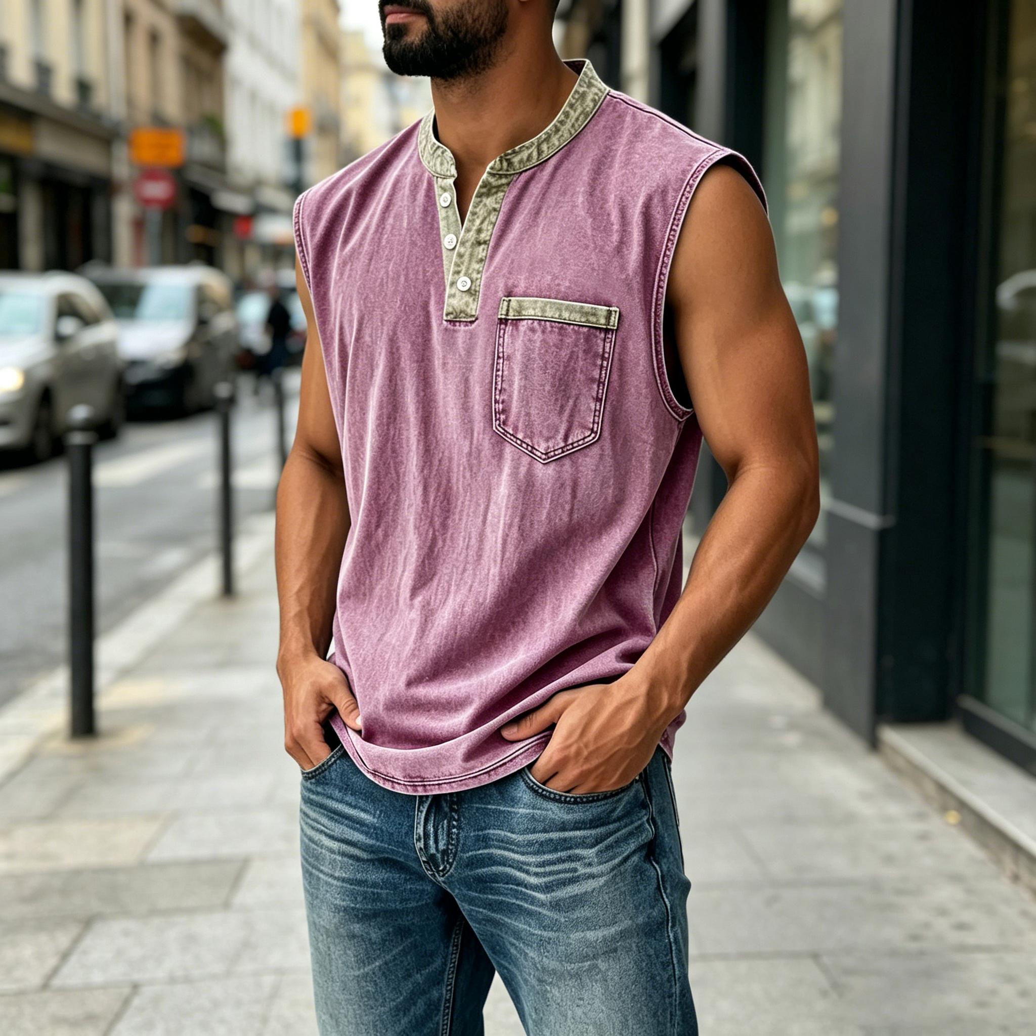 Men Sleeveless Casual Vest Three Button Henley Neck Pocket Front Cotton Linen Blend Summer Top XXXL