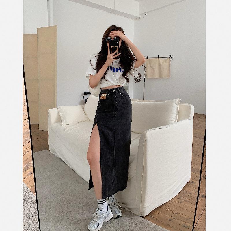High Waist Long Denim Skirt Women New Pure Desire Vintage Elegant Blue Sexy Split Fork Bodycon Fashion Skirt Summer 2024 Lady