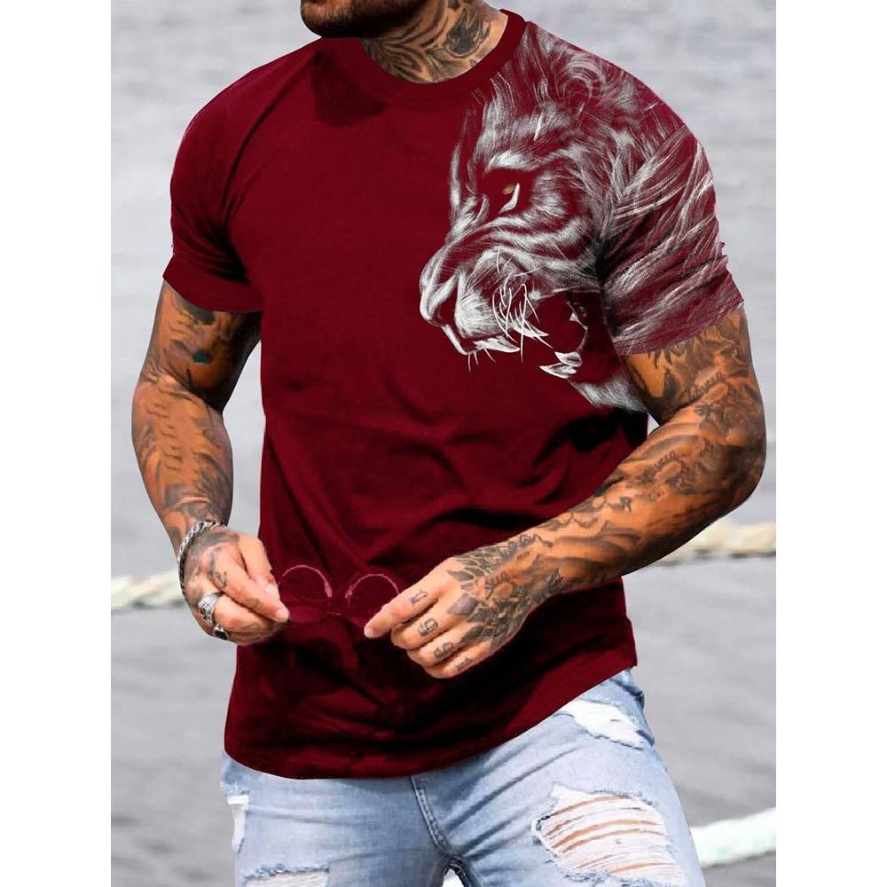 Summer Men's Breathable Short Sleeve T Shirt Lion Printed Round Neck Short Sleeve Casual Fashion Street Men's Large Size T Shirt