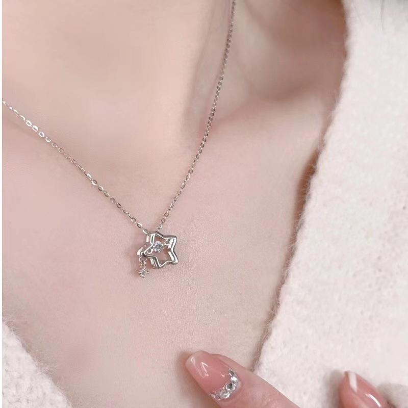 925 Silver Heart Pendant Necklace with Cubic Zirconia - Star Design Romantic Jewelry for Women Valentine's Day Gift