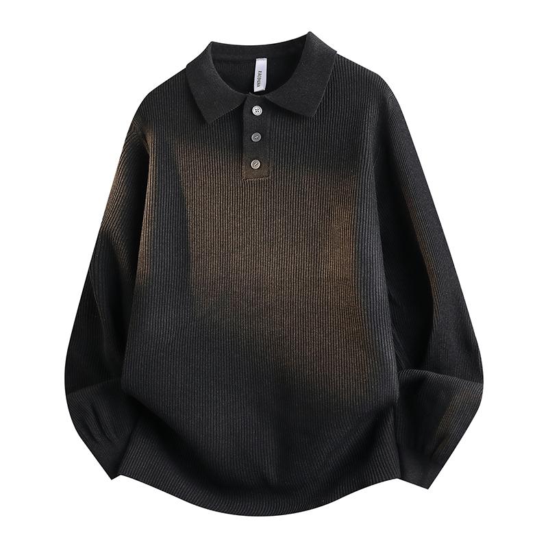 Men's Ribbed POLO Collar Knit Sweater Old Money Style Loose Casual Top