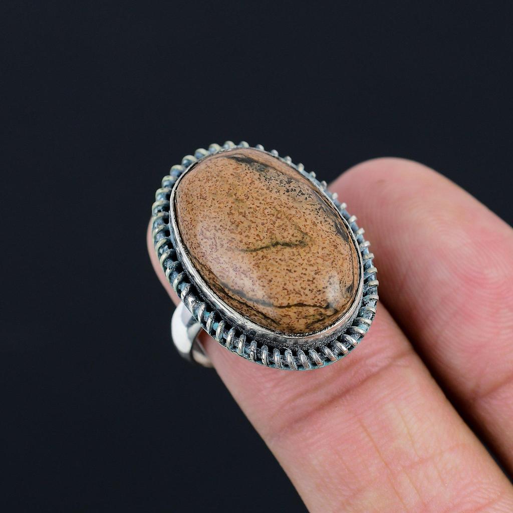 Daughters Day Deal 925 Silver Natural Picture Jasper New Solitaire Ring Size 8.5