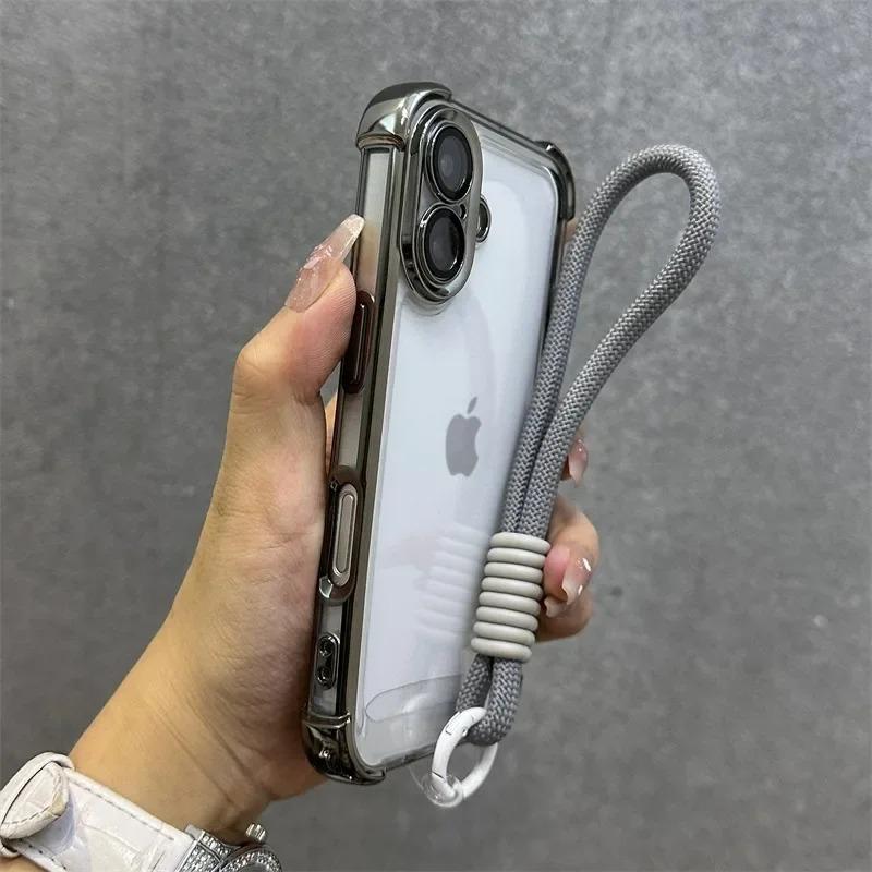 Applicable to iPhone17Promax four corners anti-drop electroplating transparent mobile phone case Apple 16 hand rope protective case