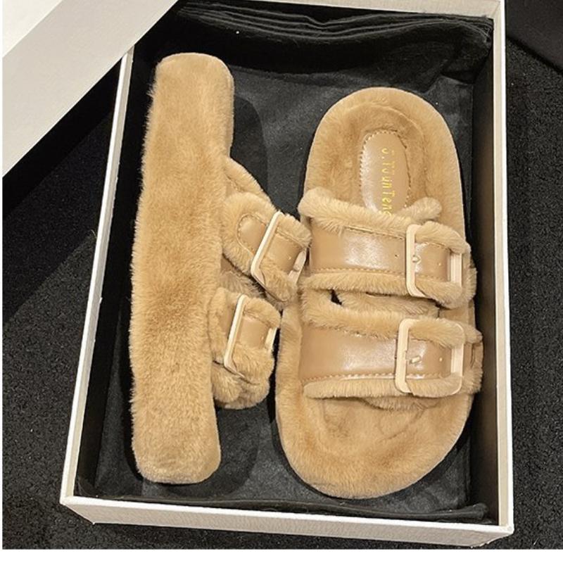 Buckle White Thick-Sole Fuzzy Slippers for Women, New Arrival, Warm and Cozy, Perfect for Outdoor Wear