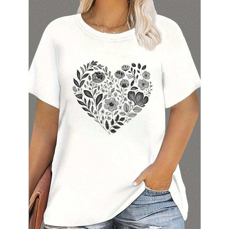 Damen Übergröße Rundhals Kurzarm T-Shirt Blumiges Herz Botanischer Druck Lässiges Urlaubsgeschenk Oberteil Weiß Schwarz