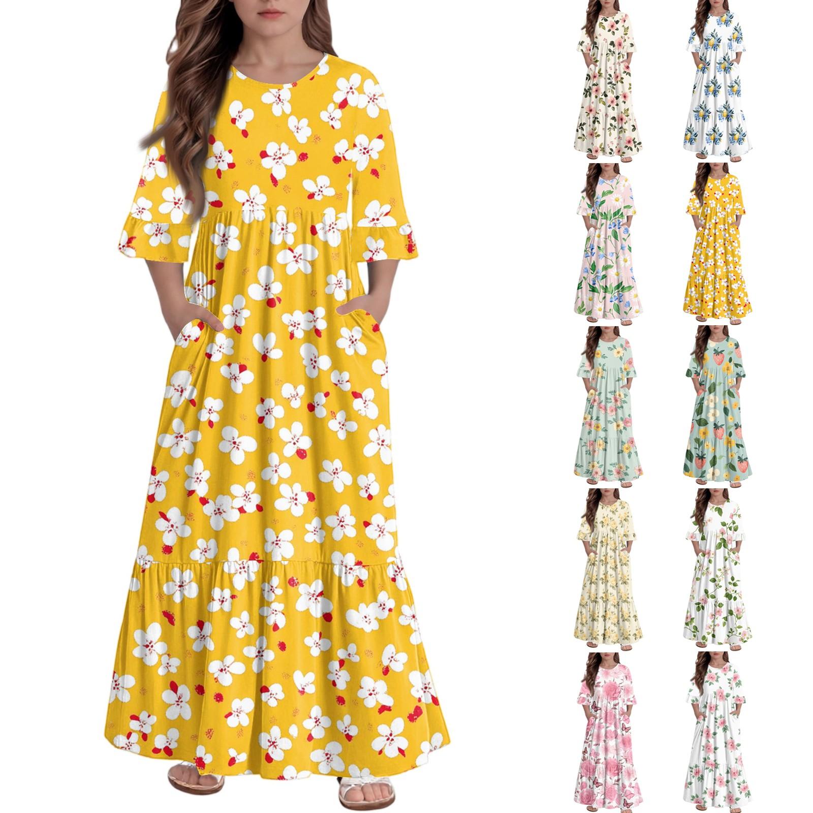 

Girls Tiered Ruffle Dress - 3/4 Sleeve Pocket Maxi With Pockets 110 бежевий