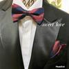 Two-tone Striped Navy X Burgundy [bow Tie & Pocket Square] 2-piece Set, Ribbon, Men's, One-touch, Set-up, Formal, Patterned, Casual.