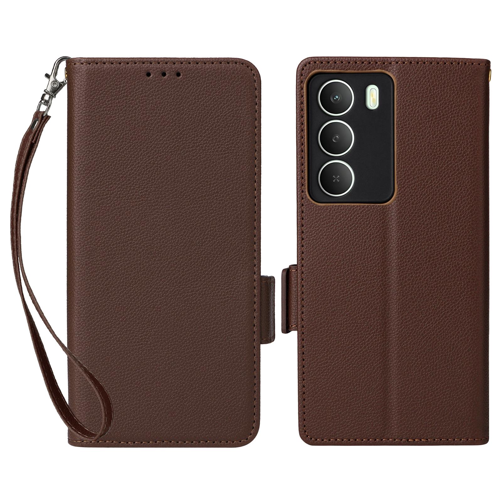 

Чохол для телефону Realme 14x 5G/V70 5G/V70s 5G з текстурою лічі, гаманець-обкладинка з PU шкіри з ремінцем на зап ястя Brown