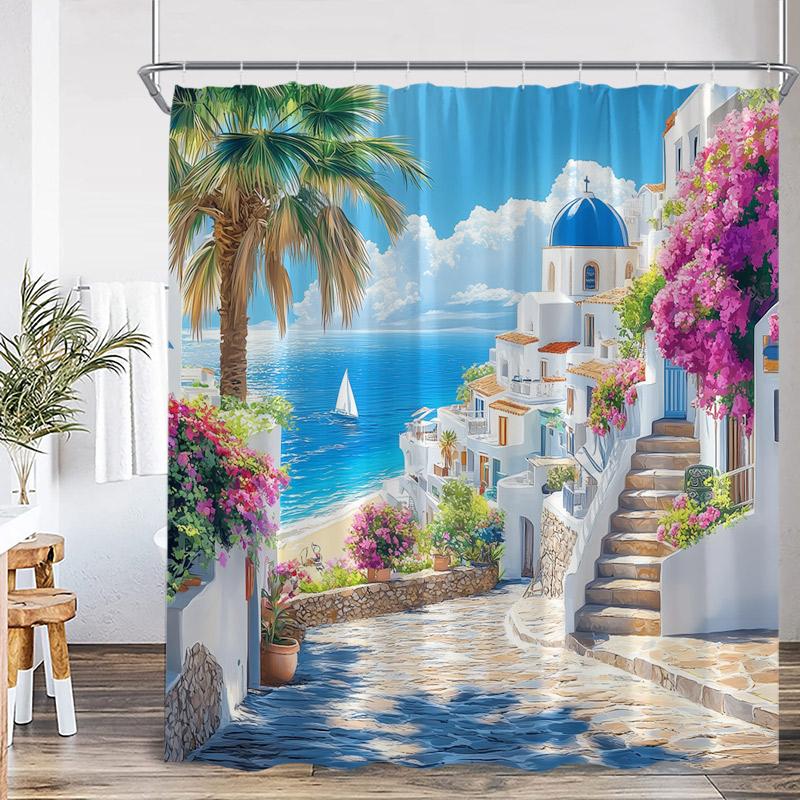Greek Mediterranean Shower Curtain Purple Flowers Blue Door Window White Architecture Nature Landscape Bathroom Curtains Decor