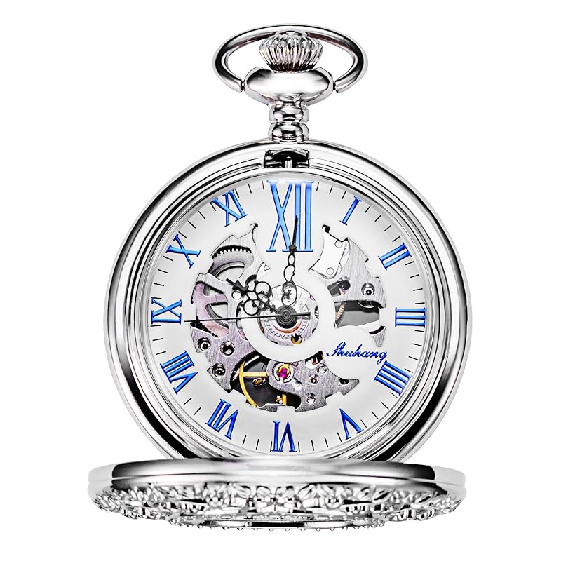 

TREEWETO mechanical pocket watch hollow silver flower vine skeleton roman numeral display