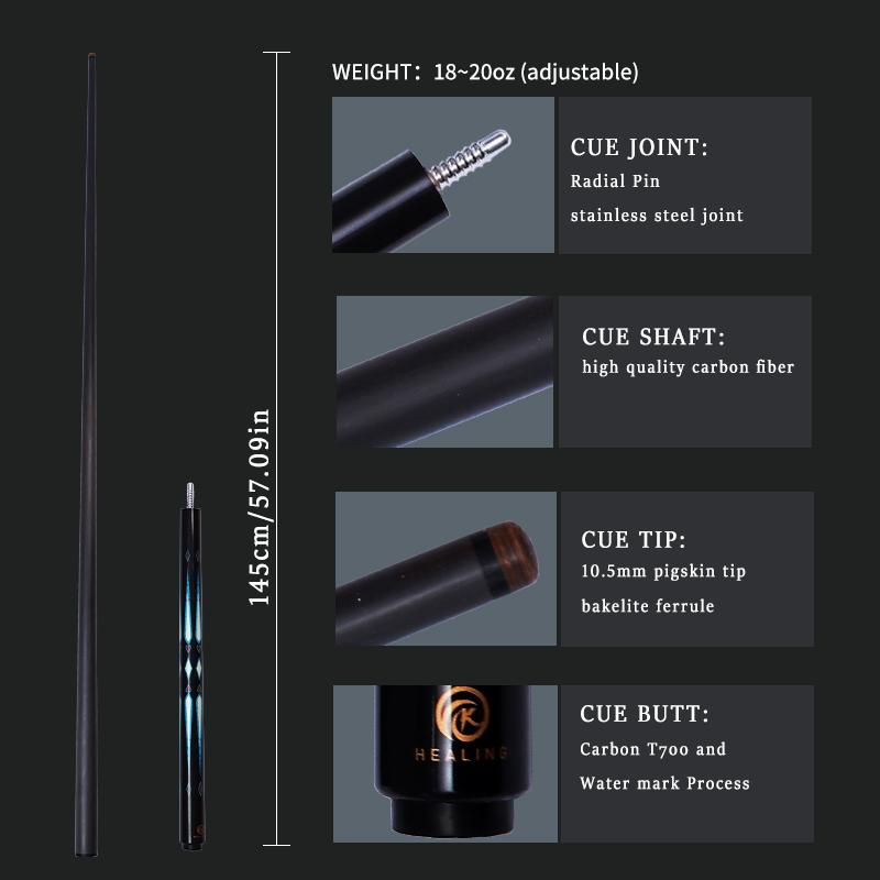 OKHEALING 3/4 Spilt Carbon Fiber Pool Cue 10.5mm Tip Radial Pin Joint 147cm Length 18~20oz Weight Billiard Cue