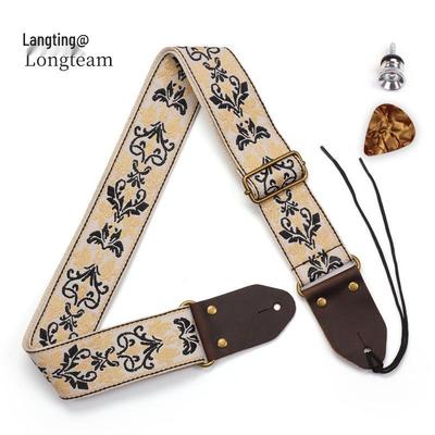 Bestickter Jacquard-Gitarrengurt mit Lederenden für E-Gitarre und Bass, Verstellbar für Kinder und Erwachsene, Inklusive Endstift