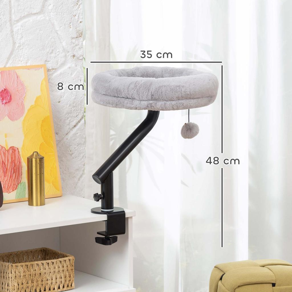 Cat Desk Bed, 360 Rotating, Height Adjustable, Washable, Toy Ball, 35 x 35 x 48 cm, Grey