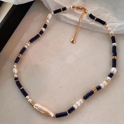 Nouvel Arrivage Style Bohème Perle d'eau douce Naturelle & Pierre Lapis-lazuli Chaîne de Perles Dorée 14K pour Dames Collier Cadeau