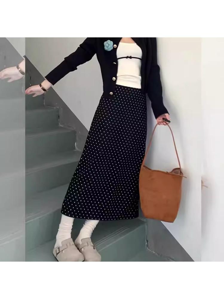 Women's Plus Size Black Polka Dot High-Waisted A-Line Midi Skirt - 2026 Spring Slimming Bodycon Skirt