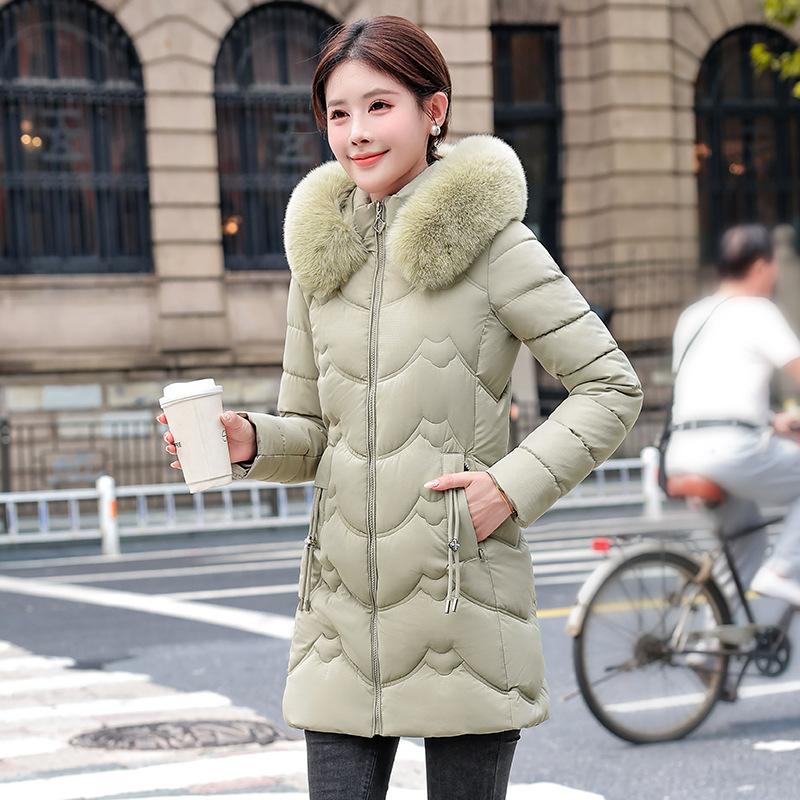 Medium and long down cotton-padded female slim-fitting and thin big fur collar down cotton-padded jacket