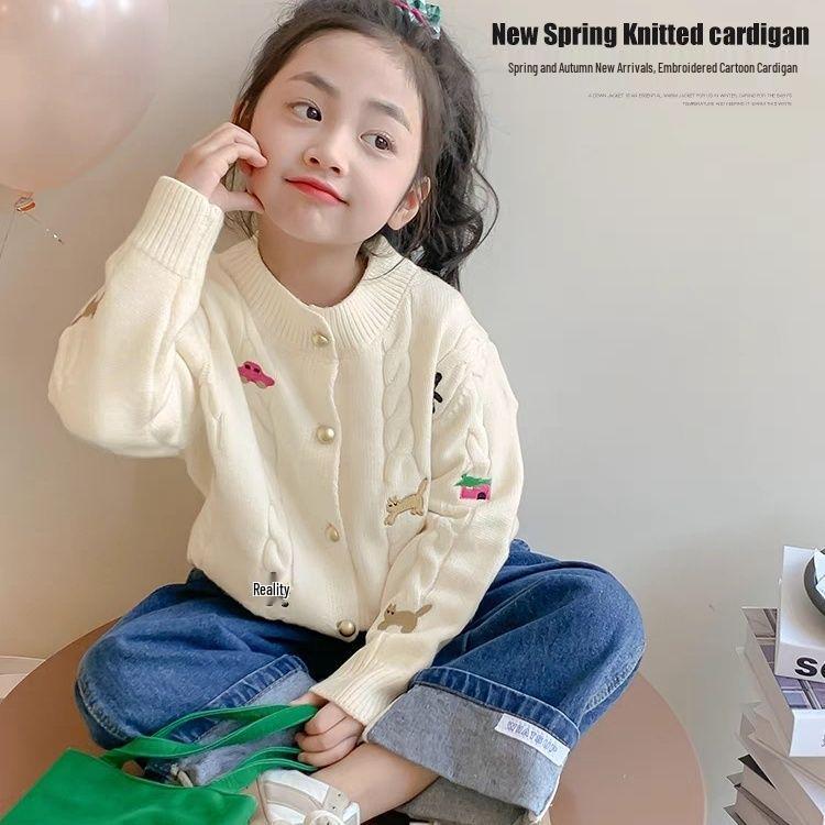 

2025 Girls Cartoon Embroidered Knitted Cardigan - Kids Spring/Autumn Fashion Sweater 100
