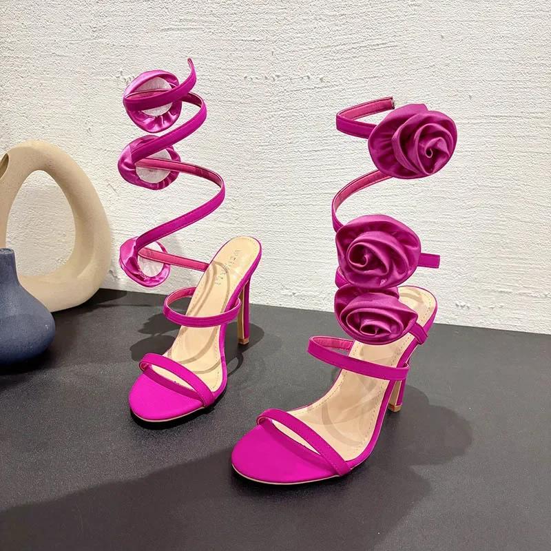 Fashion Elegant Women Wedding Banquet Shoes Fashion Silk Flowers Designer Sandals Female Open Toe Slip On Ankle Strap High Heels