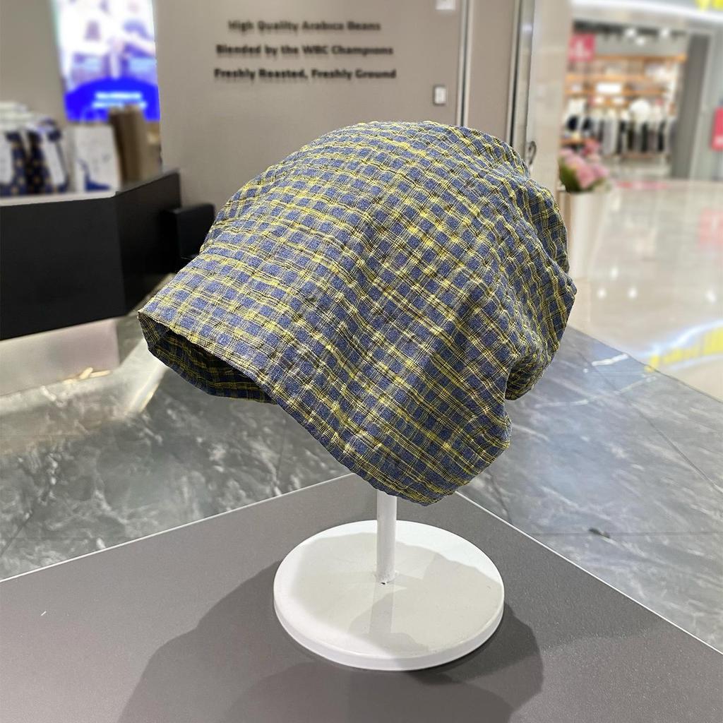 European & Korean Plaid Head Wrap: Wasteland Style, Loose Slouchy Beanie for Large Head Circumference, Trendy Hot Girl Bandana Hat.