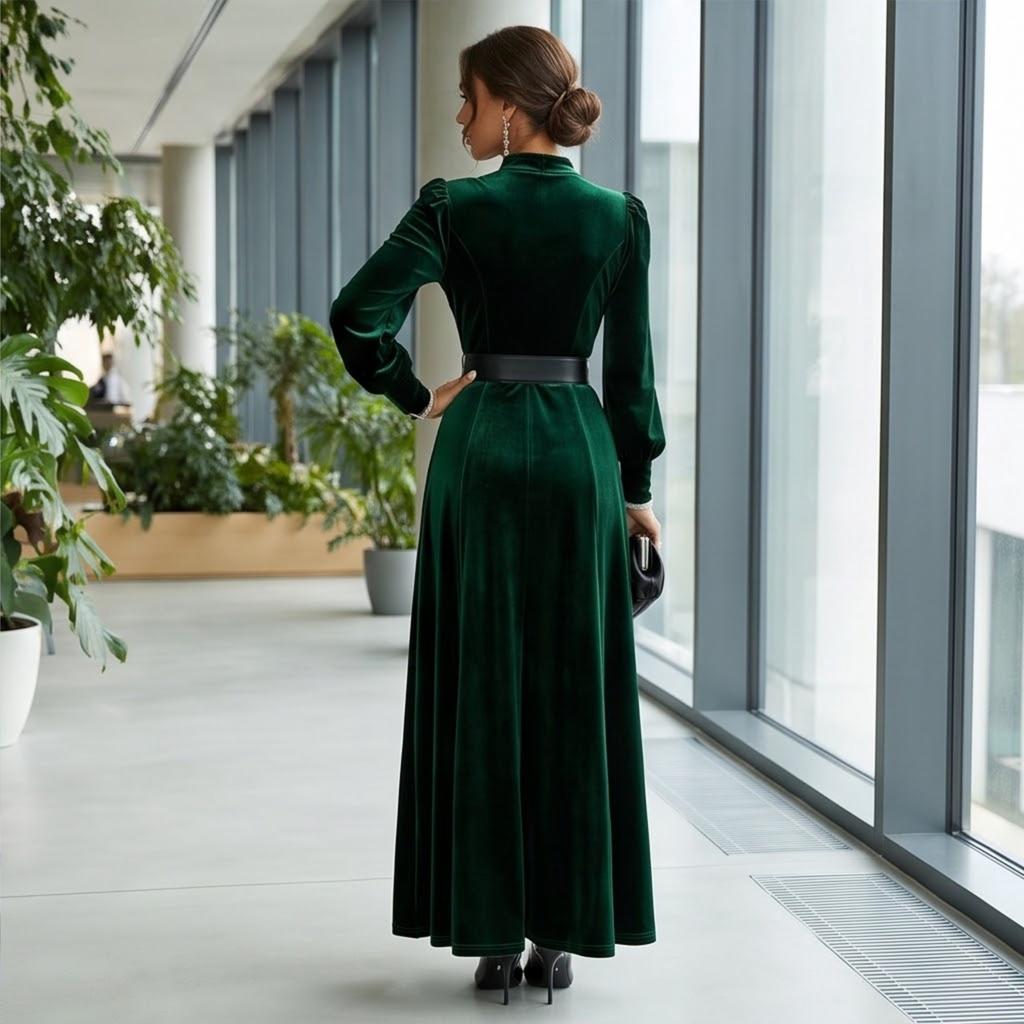Women's Casual Fashion Velvet Dress Long Sleeve V-Neck Color for Daily Wear