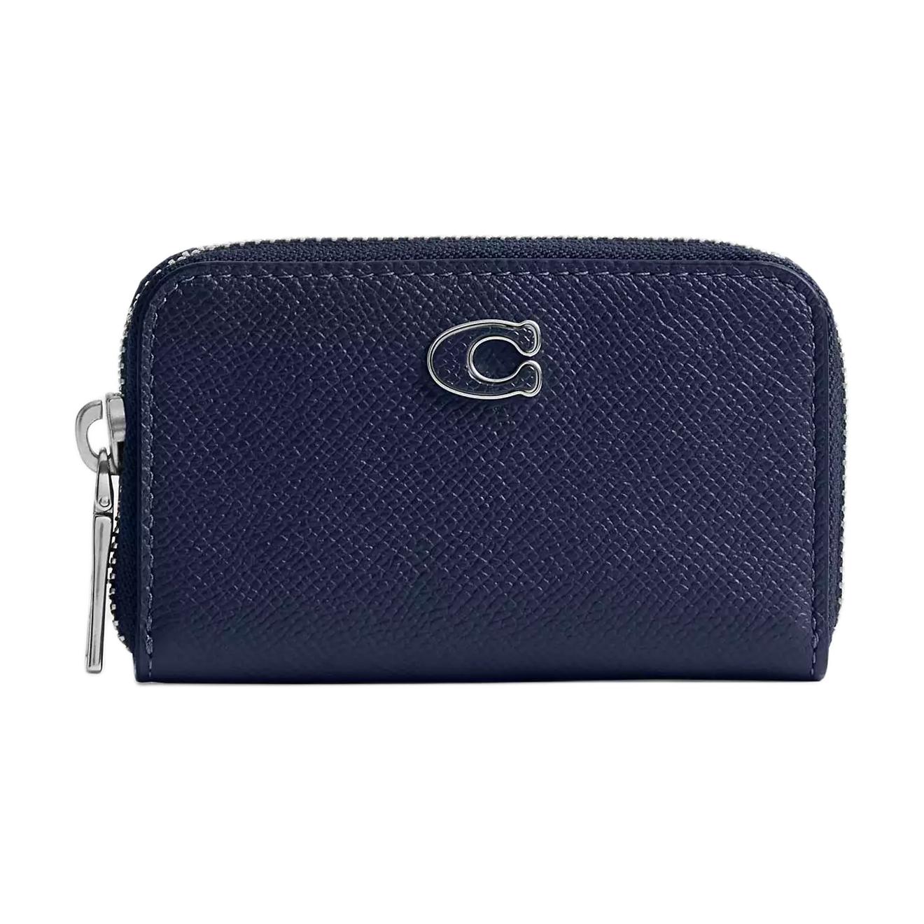 

Coach Navy Pebbled Leather Medium Zip Around Card Case for Daily Use Basic Set (Bag+Dust Bag)