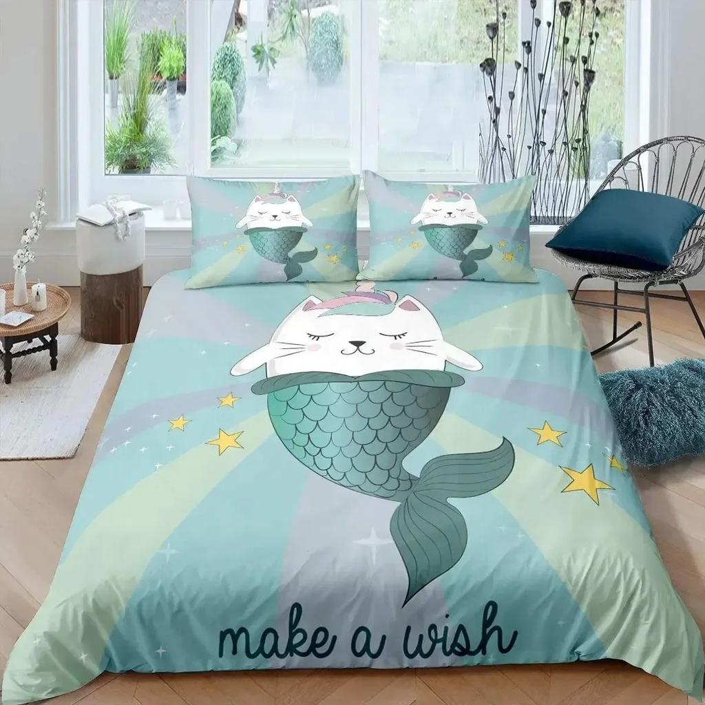 Rainbow Cartoon Cat Colorful Mermaid Comfortable Duvet Cover Pillowcase Bedding Set Children Bedroom Decoration Home Textile