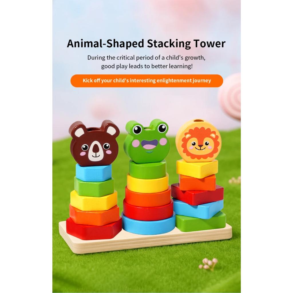 Wooden Rainbow Animal Stacker Gift Fine Motor Skill Sorting & Stacking Toys Geometric Stacker for Boys and Girls Baby Toddlers