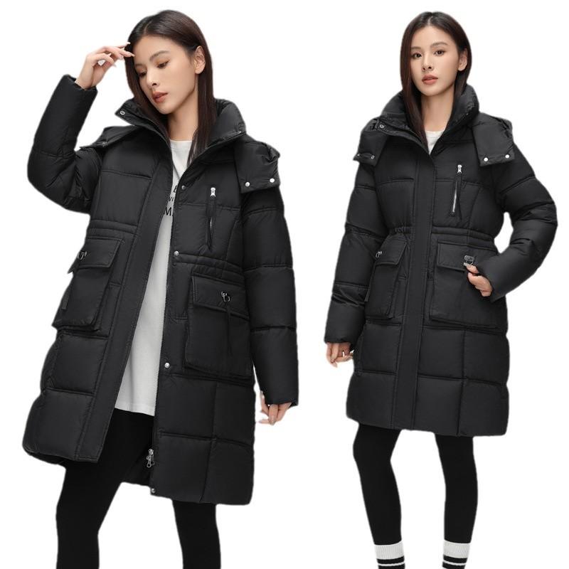 Hooded 2025 cotton jacket women's mid-length fashion tunic temperament padded clothes with large pockets mid-length padded jacket jacket