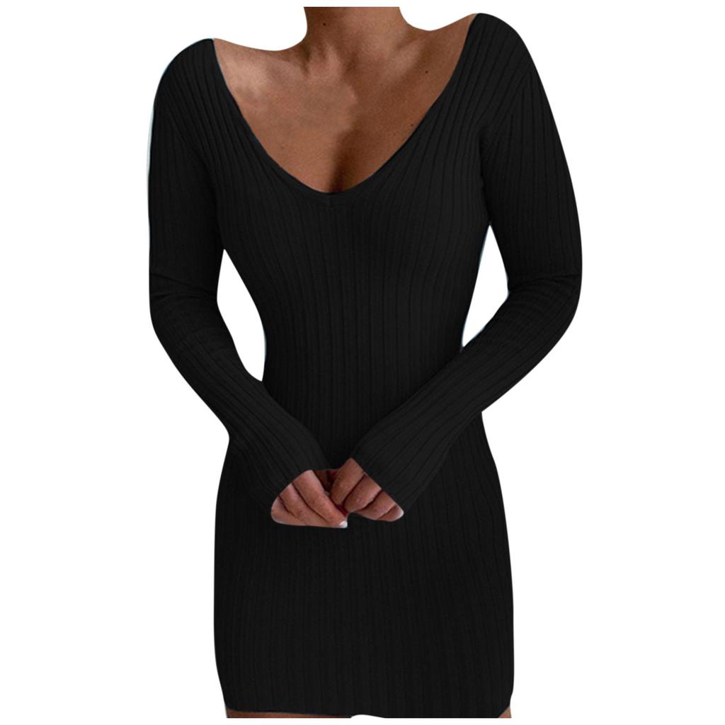 Women's Autumn And Winter Long Sleeve V Neck Knitted Sweater Slim Solid Color Pullover Medium Length Sweater