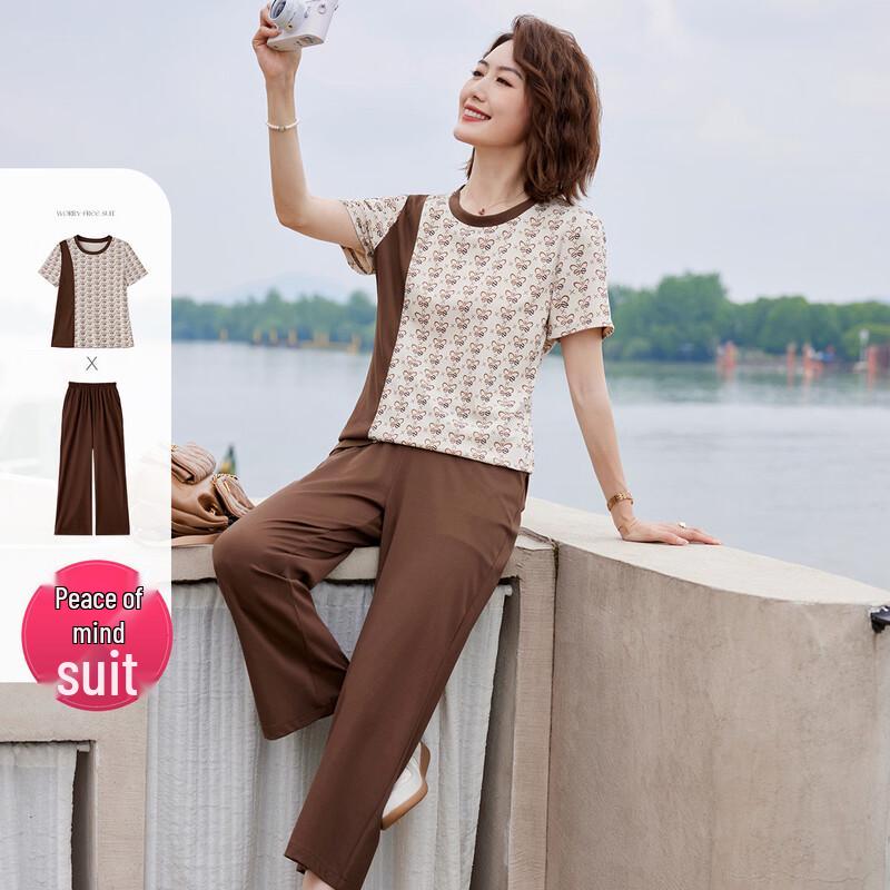 Women s Floral Print T-Shirt & Pants Set 2XL кофейный