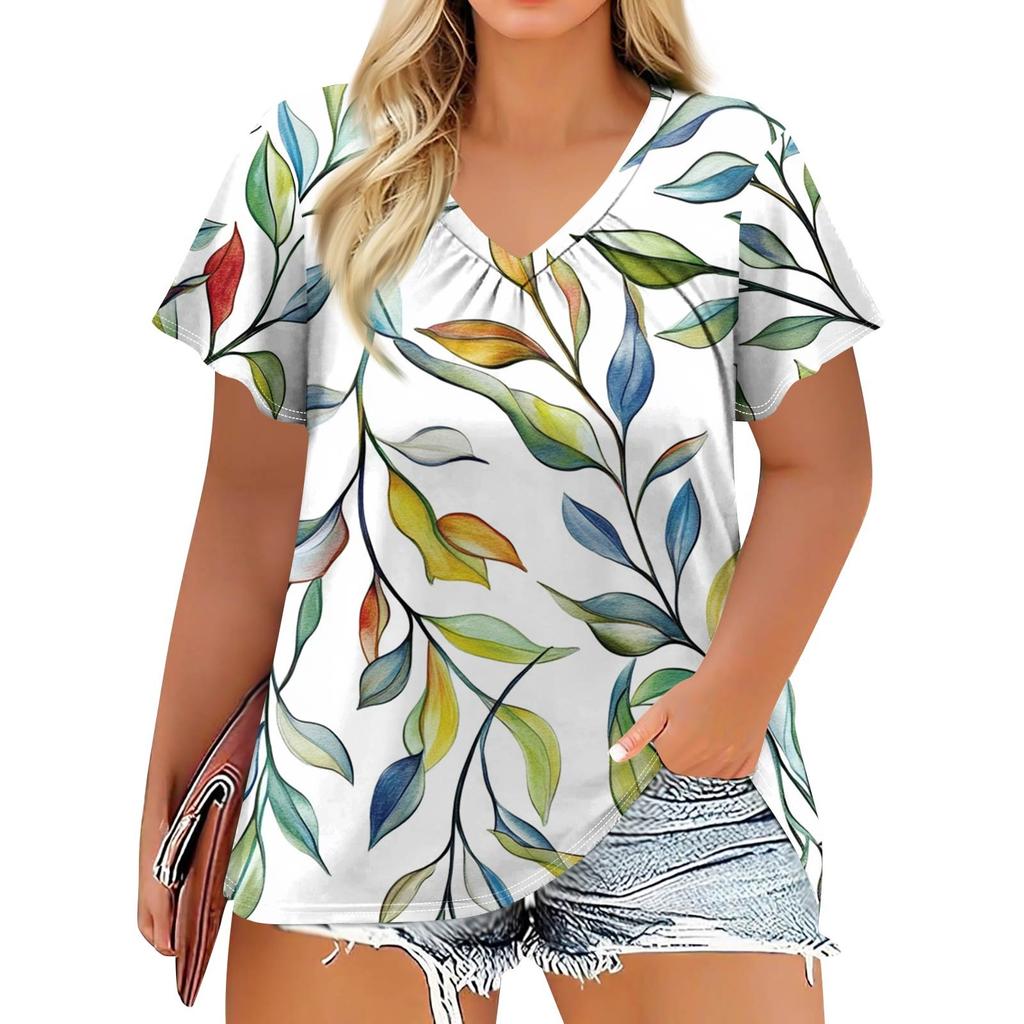 Women's Fashion Casual Printed  V-Neck Short Sleeve Large Size T-Shirt Top